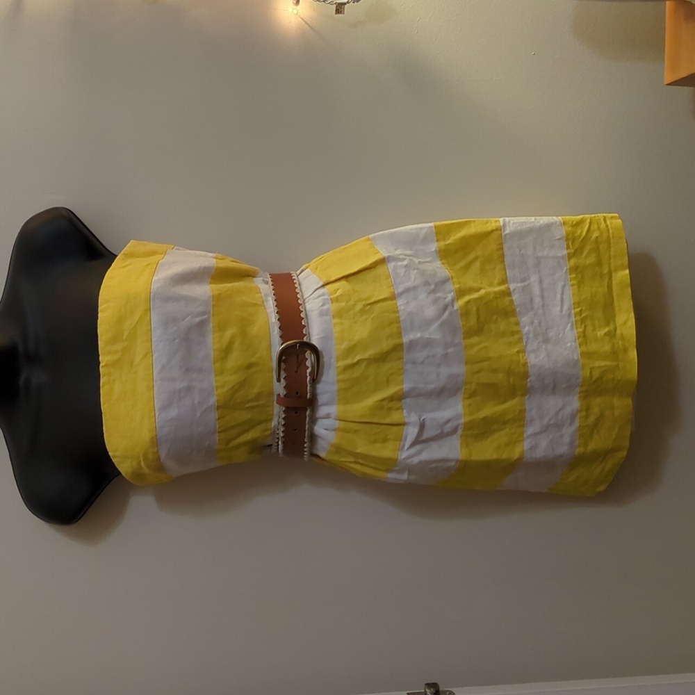 Loft | Yellow/White Striped Pleated A-Line Strapless Dress